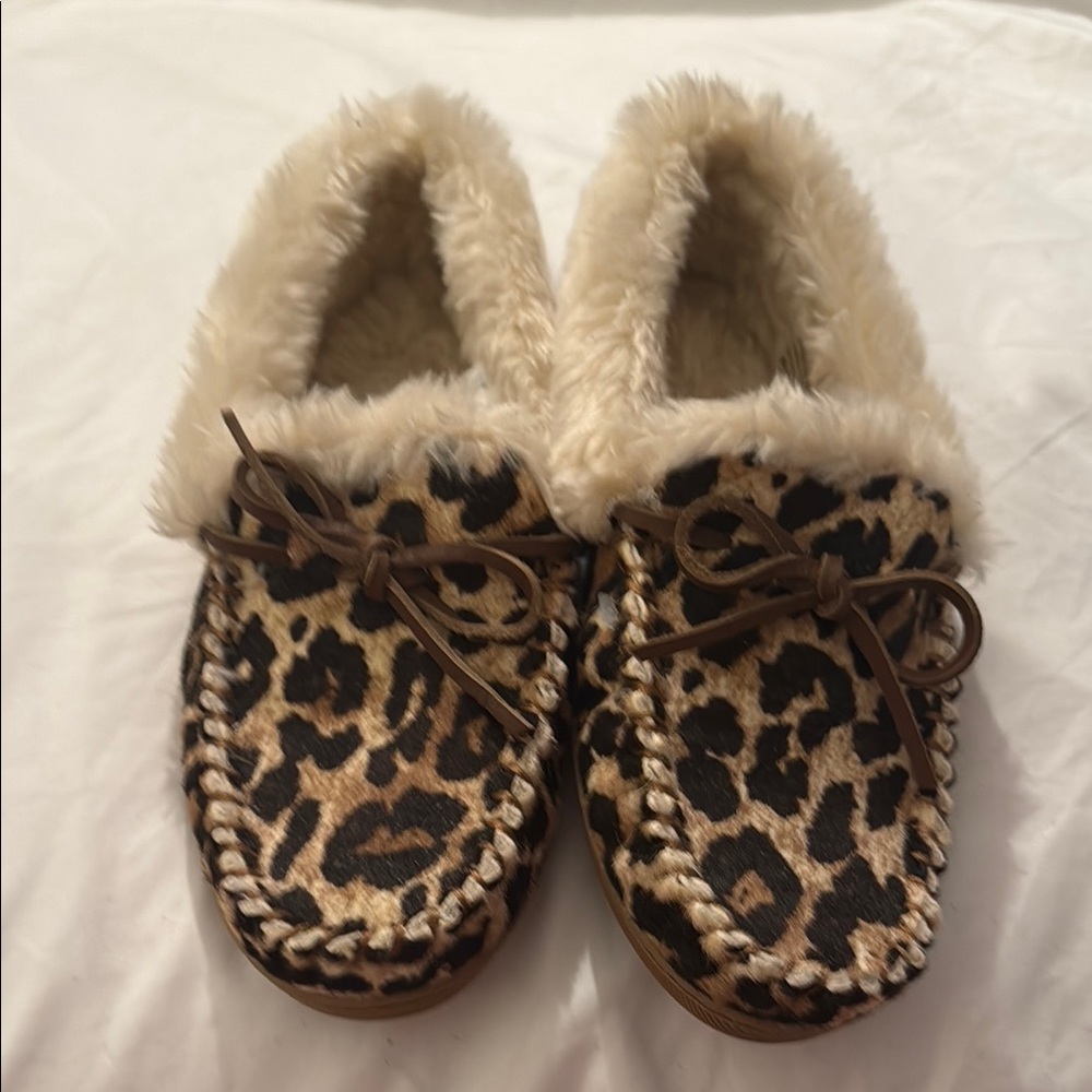 J. Crew Leopard Print Moccasin Slippers with Faux Fur